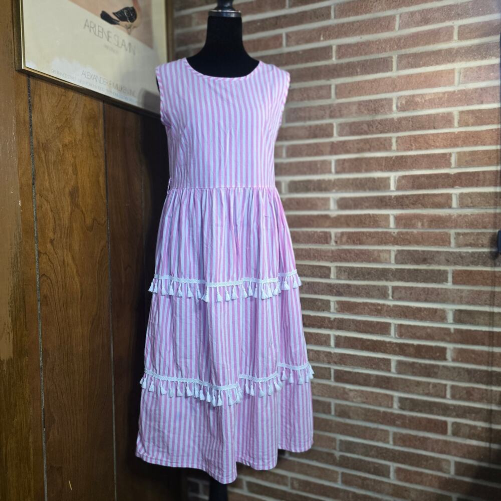Boutique Pink White Striped Tiered Midi Dress Tassel Trim 100% Cotton Size M